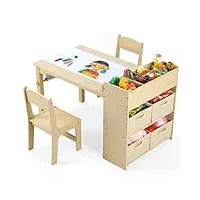 mamizo table dessin enfant avec 2 chaise, bureau enfant avec rangement, table et chaise enfant en bois avec rouleau de papier, charge 50kg, bureau et chaise pour enfant garcon