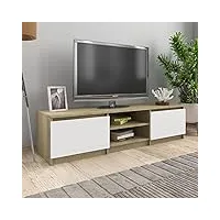 meuble tv, banc tv support de télévision table tv bas armoire basse meuble tv blanc et chêne sonoma 140x40x35,5 cm aggloméré