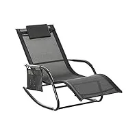 outsunny chaise longue à bascule - rocking chair ergonomique - tétière amovible, accoudoirs, pochette rangement - métal époxy textilène noir