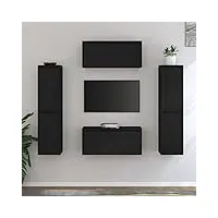 tidyard meubles tv 6 pièce noir bois massif de pin, banc tv avec compartiments de stockage, support de télévision pour salon, chambre meubles