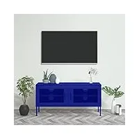 tidyard meuble tv bleu marine 105x35x50 cm acier, banc tv avec compartiments de stockage, support de télévision pour salon, chambre meubles