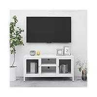 tidyard meuble tv blanc 105x35x52 cm acier et verre, banc tv avec compartiments de stockage, support de télévision pour salon, chambre meubles