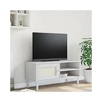 tidyard meuble tv senja aspect rotin blanc 106x40x49cm bois massif pin, banc tv avec compartiments de stockage, support de télévision pour salon, chambre meubles