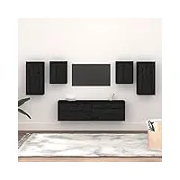 tidyard meubles tv 6 pièce noir bois massif de pin, banc tv avec compartiments de stockage, support de télévision pour salon, chambre meubles style a