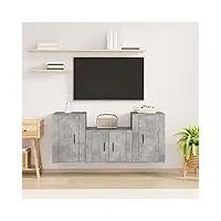 tidyard ensemble de meubles tv 3 pièce gris béton bois d'ingénierie, banc tv avec compartiments de stockage, support de télévision pour salon, chambre meubles style a