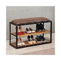 lamedoat banc d'entrée de style industriel, banc de rangement pour chaussures avec étagère à chaussures en bois, banc rembourré en cuir, banc à chaussures rustique, marron, 80 x 30 x 48 cm