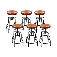 yaheetech lot de 6 tabouret de bar industriel en similicuir tabouret haut rond réglable en hauteur avec deux repose-pieds chaise de cuisine avec cadre en métal pour cuisine restaurant marron clair