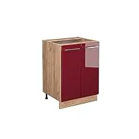 livinity meuble bas de cuisine fame-line, rouge bordeaux haute brillance/chêne de force doré, 60 cm, pa anthracite