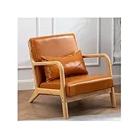 roltin fauteuil, cadre en bois et cuir rembourré, chaise capitonnée rétro en bois, fauteuil club rembourré pour salon, chambre à coucher, réception (orange)