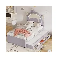 kecduey lit pour enfant 90 x 200 cm, lit simple, motif de dessin animé, avec sommier à lattes et tiroirs, en forme de licorne, équipé d'un lit gigogne 90 x 190 cm, en polyuréthane (violet, 90 x 200/90