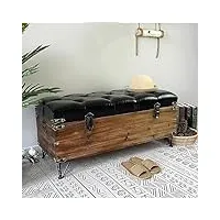 banc de rangement rembourré en cuir noir – banc à chaussures de 61 cm avec coffre de rangement en bois – banc de rangement rectangulaire pour salon