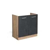 livinity meuble bas sous-évier r-line, béton noir/chêne de force doré, 80 cm pa marbre
