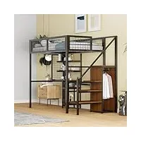 kecduey lit mezzanine 90 x 200 cm, lit simple, avec échelle de sécurité, lit d'enfant avec cadre en fer, armoire et bureau d'ordinateur (noir), ldb00051