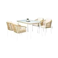 outsunny salon de jardin 4 personnes ensemble de salle à manger en rotin pe avec chaises empilables et coussins, plateau en verre trempé, cadre en aluminium, jaune et blanc