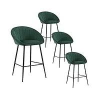 eugad tabouret bar, lot de 4, chaise de bar fixe, chaise haute cuisine, en velours, siège rembourré, avec dossier en coquillage, avec pieds en métal et repose-pieds, vert foncé, 1080by-4