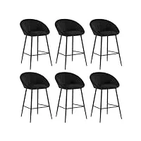 eugad tabouret bar, lot de 6, chaise de bar fixe, chaise haute cuisine, en velours, siège rembourré, avec dossier en coquillage, avec pieds en métal et repose-pieds, noir, 1078by-6