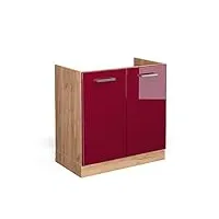 livinity meuble bas sous-évier r-line, rouge bordeaux haute brillance/chêne de force doré, 80 cm, pa anthracite