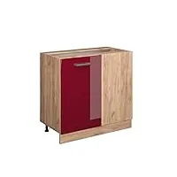 livinity meuble d'angle r-line, rouge bordeaux haute brillance/chêne de force doré, 86 cm, pa chêne