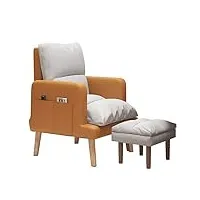 chaise d'intérieur rembourrée, fauteuil inclinable, confortable avec repose-pieds, chaise de chambre avec accoudoirs, dossier réglable et poches de rangement latérales, hauteur standard/orange