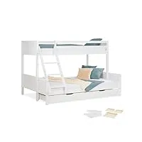homestyle4u 2724 lit superposé en bois pour enfant avec 2 matelas et tiroir de lit 90 x 200 cm et 140 x 200 cm blanc