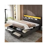 merax lit rembourré 180 x 200 cm avec éclairage led et espace de rangement hydraulique tiroirs et compartiments de rangement coffre de lit – confort et fonctionnalité dans un aspect lin élégant gris