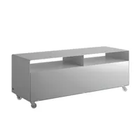 müller möbelfabrikation - mobile line r 109n-buffet avec porte à trappe - aluminium blanc ral9006/satin fini/sur roulettes transparentes/lxhxp 119,5x4