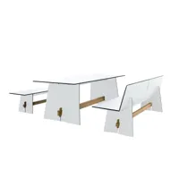 conmoto - tension outdoor - set de jardin 2 - blanc/1 table + 2 bancs/(1 banc avec dossier)/bancs h 42/76 x l 220 x d 45/57 cm/31kg/45kg/table h 73 x 
