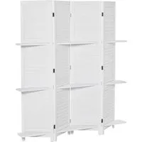homcom paravent intérieur 4 panneaux 3 étagères pliables séparateur de pièce portes persiennes bois de paulownia blanc
