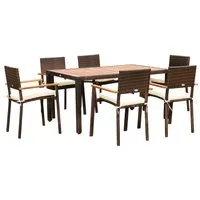 outsunny ensemble de table et 6 chaises de jardin en résine tressée avec coussins d'assise et plateau table en bois d'acacia - marron