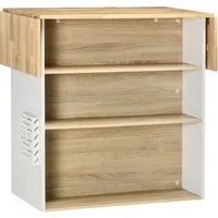 homcom ilot central cuisine meuble de rangement avec plan de travail rabattable en bois de caoutchouc et 2 étagères 140 x 55 x 91 cm