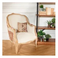 victor comanche - fauteuil bergère style contemporain, laine imprimée et lin naturel, bois massif, 1 place