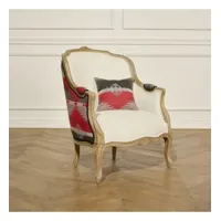 victor navajo - fauteuil de salon style chalet en laine imprimée, lin naturel et bois massif, 1 place