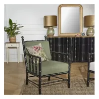 catherine - fauteuil style colonial en bois laqué noir et tissu vert sauge, 1 place