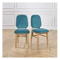 lucette - chaises style moderne en bois massif et velours de coton bleu canard, lot de 2