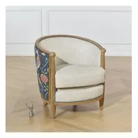 carole art deco - fauteuil style romantique en bois massif, lin premium et tissu bleu indigo, 1 place