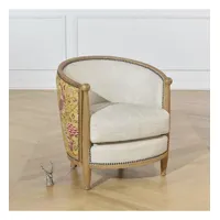 carole art deco - fauteuil style shabby chic en chêne, lin coton et tissu moutarde, 1 place