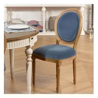 medaillon - chaises style louis xvi en bois massif et tissu velours bleu louis, lot de 2