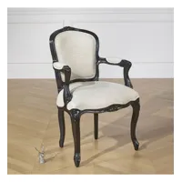 louvre - fauteuil style louis xv noir et blanc en bois massif et tissu lin, 1 place