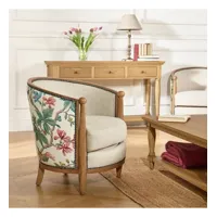 carole lophura ? fauteuil tonneau style romantique en bois, tissu lin premium et tissu fleuri, 1 place