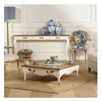 barbara - table basse carrée style romantique en bois massif, plateau en chêne, 1 tiroir