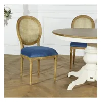 medaillon - chaises style louis xv en bois massif et tissu velours bleu orage, dossier cannage, lot de 2, fsc®