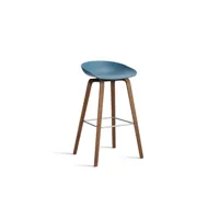 about a stool aas 32 - azure blue 2.0 - noyer verni (à base d'eau) - repose-pied acier inoxydable - hauteur d'assise 75 cm - filzgleiter