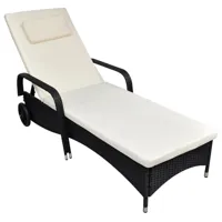 transat chaise longue bain de soleil lit de jardin terrasse meuble d'extérieur avec coussin et roues résine tressée noir 02_0012450