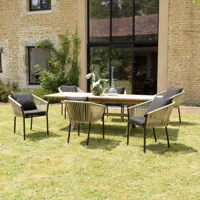 malo - salon de jardin 6 pers. - 1 table rectangulaire 180x100cm et 6 fauteuils beiges et noirs avec coussin