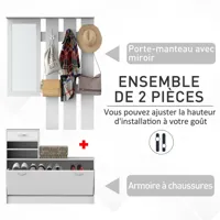 ensemble de meubles d'entrée design contemporain : meuble chaussures, miroir et panneau porte-manteau panneaux de particules blanc