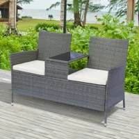banc de jardin design contemporain 133l x 63l x 84h cm banc double chaise avec coussins assise + tablette intégrée résine tressée grise polyester crème