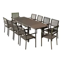 ensemble table de jardin extensible aluminium 135/270cm + 10 fauteuils empilables corde anthracite et vert olive - yeraz