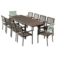 ensemble table de jardin extensible aluminium 135/270cm + 10 fauteuils empilables corde anthracite et vert d'eau - yeraz