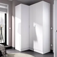 armoire meru, meuble d'angle pour chambre, armoire d'angle avec 3 portes battantes, 133x91h184 cm, blanc