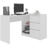 sundar - bureau informatique d'angle - 124x85x77cm - 3 tiroirs + 2 grandes niches - table d'ordinateur multi-rangements - blanc
